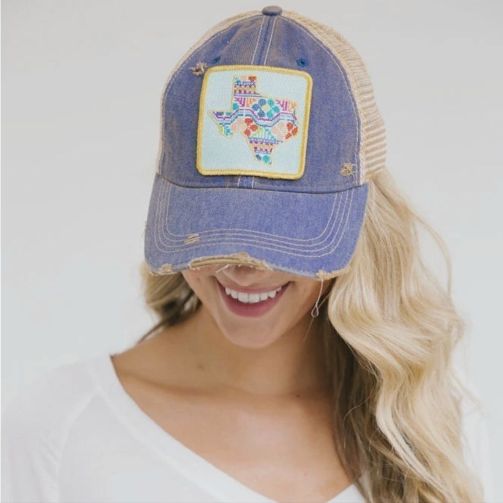 Judith March Headmost Texas Embroidered Patch Trucker Hat In Distressed Denim
